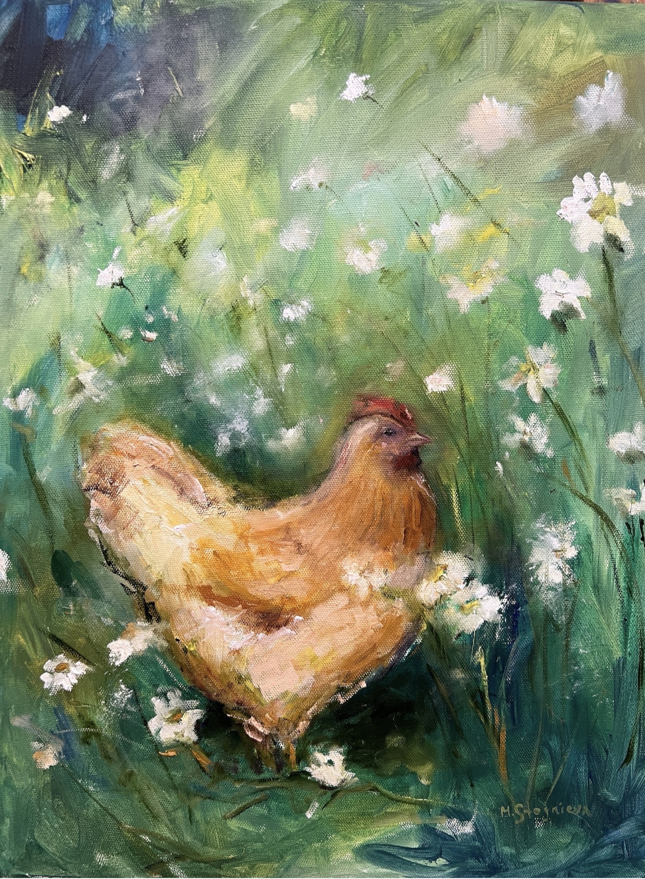 Village Hen — original painting by Marina Stognieva, oil on canvas, 35 × 45 cm, 2024